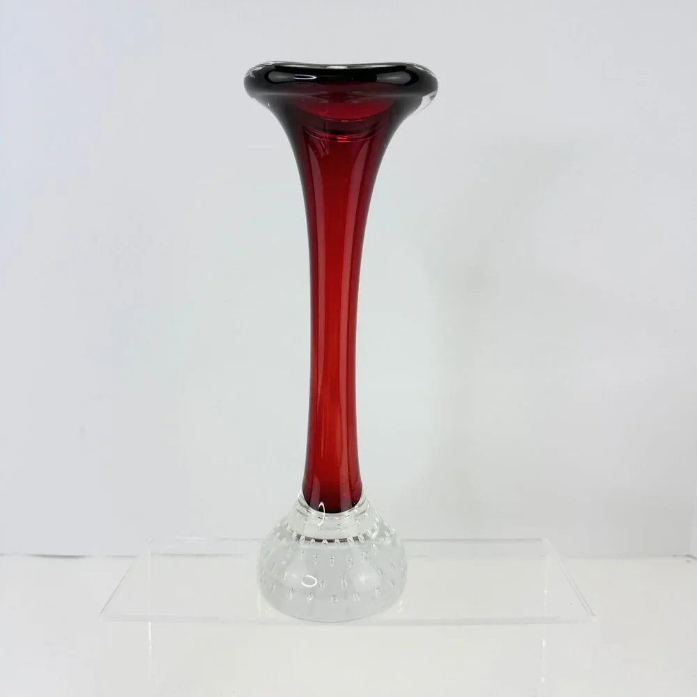 Vintage Aseda Glasbruk Red & Clear Art Glass Vase With Controlled Bubbles